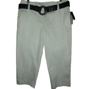 AB Studio 12 x 22" White Crop Capri Pants w/black braided belt